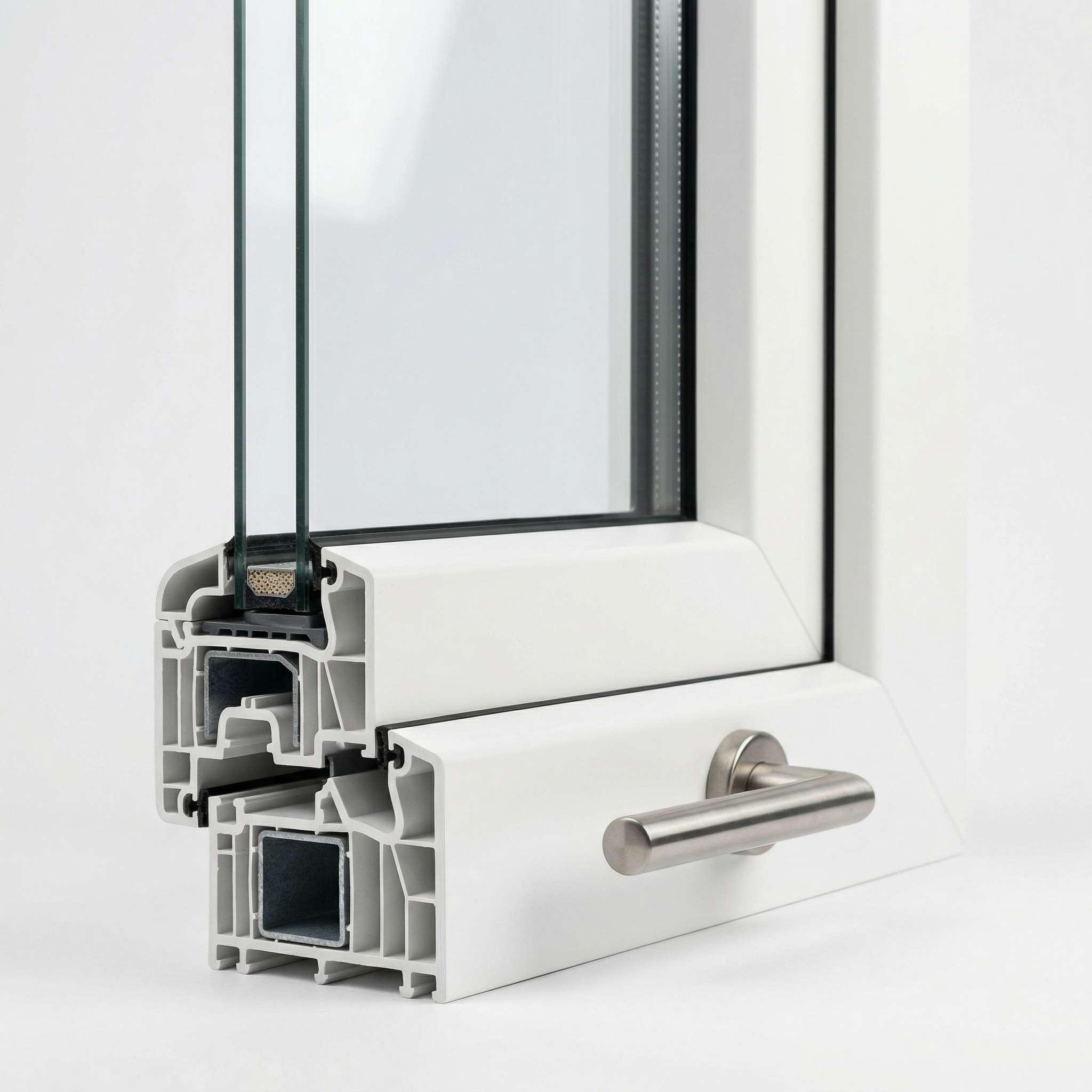 Vinyl window frame cross-section showing multi-chamber design